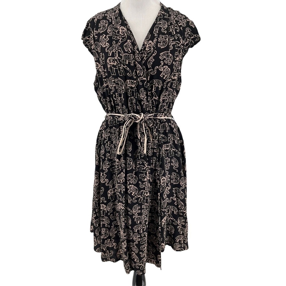Maeve Anthropologie Women's Black Noronha Elephant Print Novelty Dress Medium - Picture 1 of 5